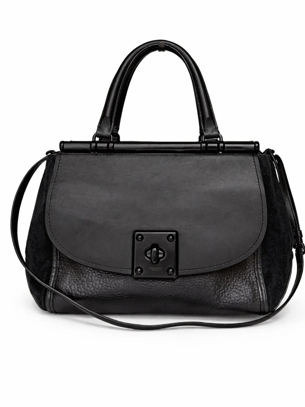 Coach Black Leather & Suede Satchel Top Handle Bag Turnlock Crossbody Purse